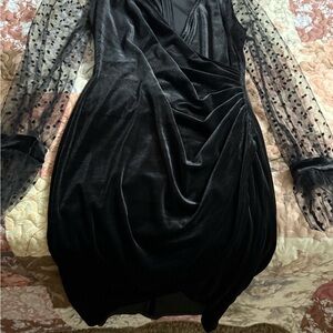 Fashion Nova Black Velvet Dress with Sheer Polka Dot Sleeves